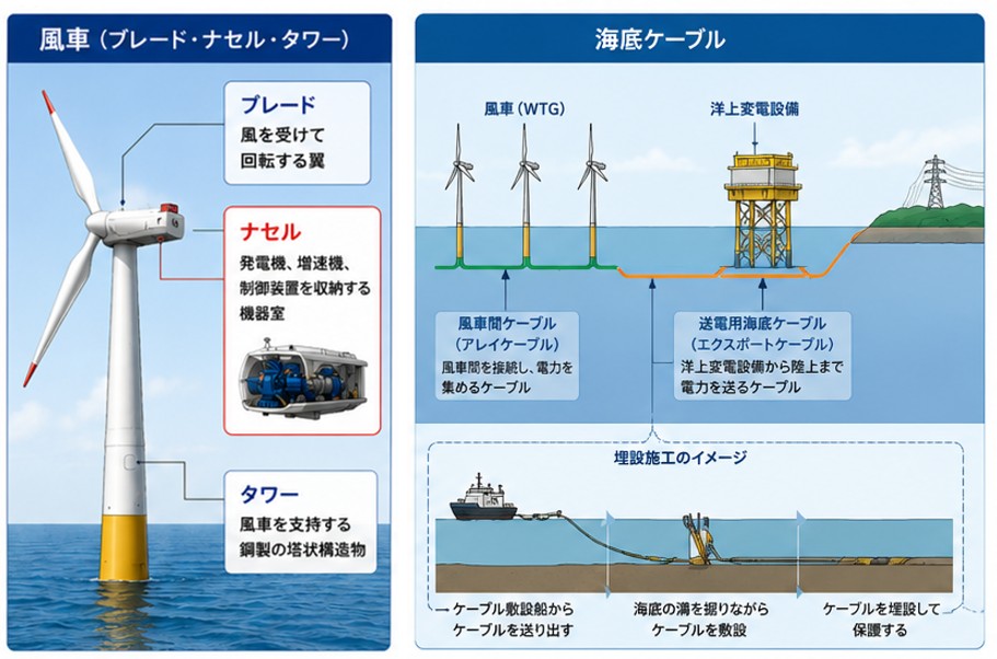 図1 洋上風力発電の主要機器と海底ケーブル埋設施工イメージ