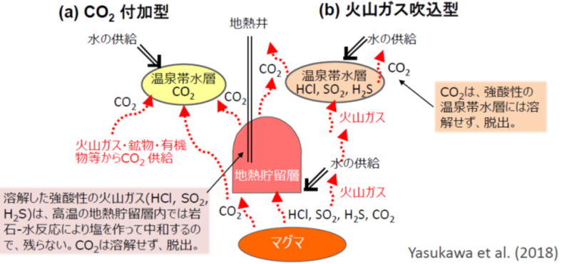 図2 CO2付加型と火山ガス吹込型温泉の成因 (Yasukawa et al., 2018)